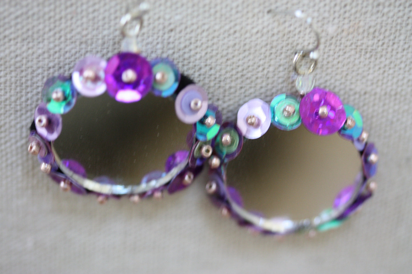 Unique hand beaded and sequined dangle mirror earrings