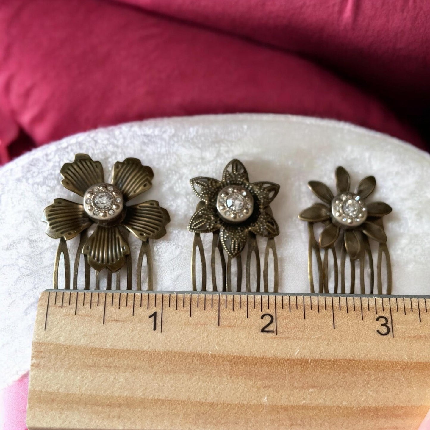 Set of 3 Rhinestone Metal Flower Hair Combs – Handmade 1.5" x 1" Bridal, Formal or everyday casual Hair Accessories