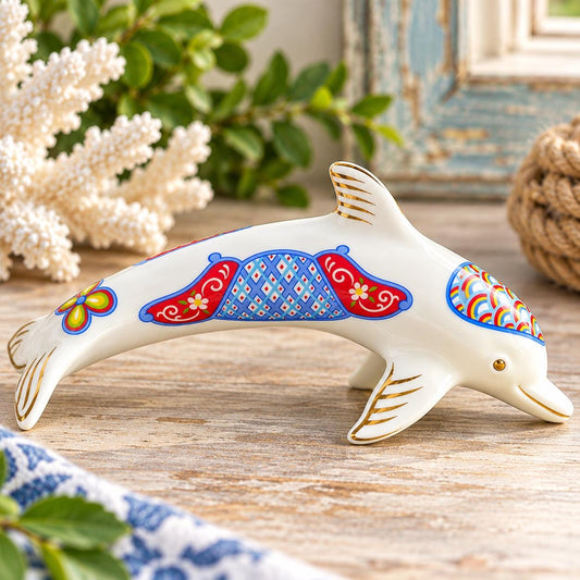 Lenox Porcelain Dolphin Figurine | Colorful Folk Art Paisley Dolphin | Gold Accents | Coastal Nautical Decor