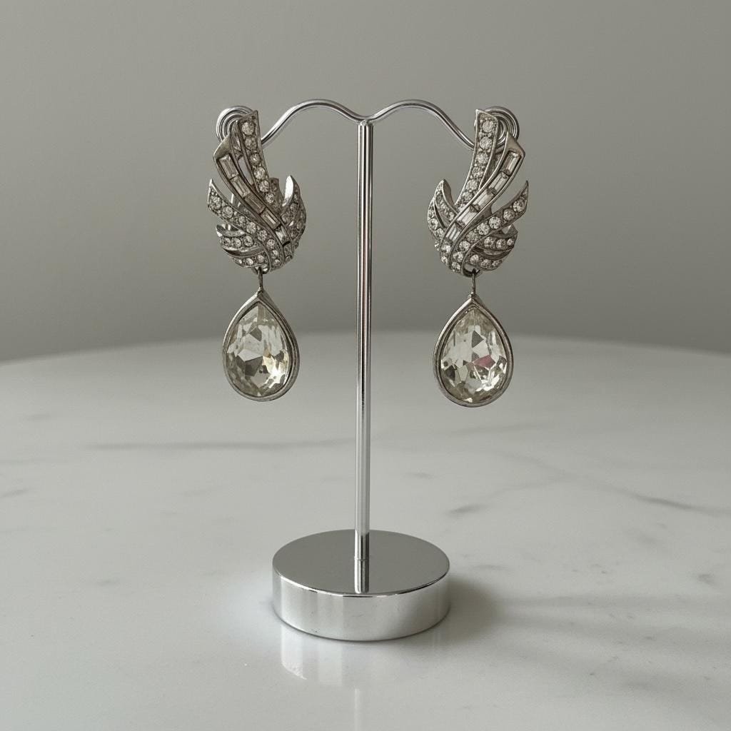 Vintage Rhinestone Teardrop Clip On Earrings | Silver Tone Art Deco Statement Dangle Jewelry