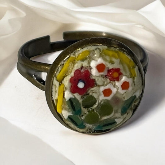 Handmade micro mosaic adjustable ring - Italian inspired - hand cut glass with millefiori flowers