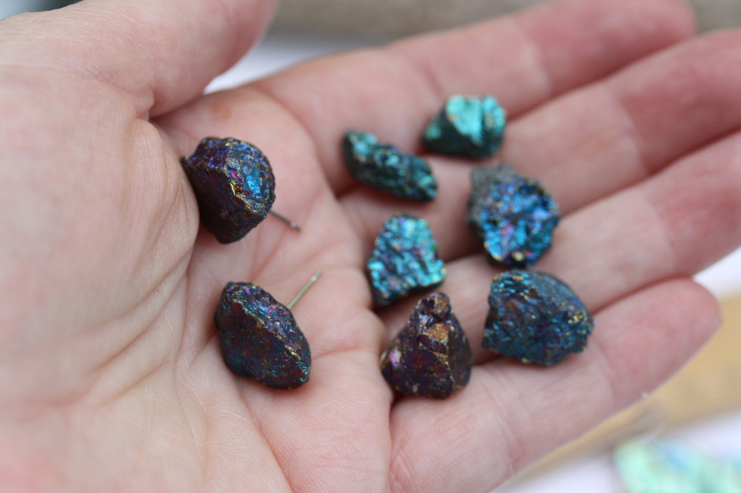Stunning peacock ore stone stud earrings - considered a stone of happiness and joy that helps channel happiness to yourself & others