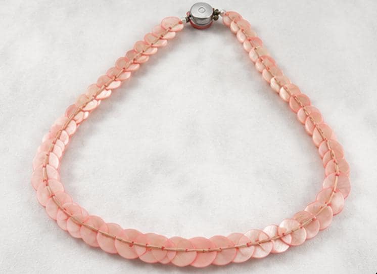 Vintage Pink Mother of Pearl Disc Necklace 20" | Shell Coin Statement Necklace with Faux Pearls | Coastal Cottage Jewelry