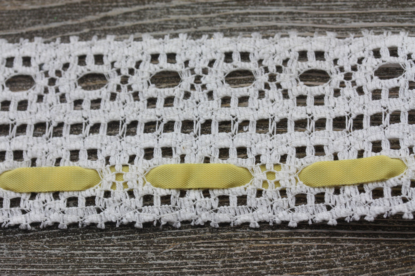 Stunning wide vintage white lace with yellow ribbon - by the yard