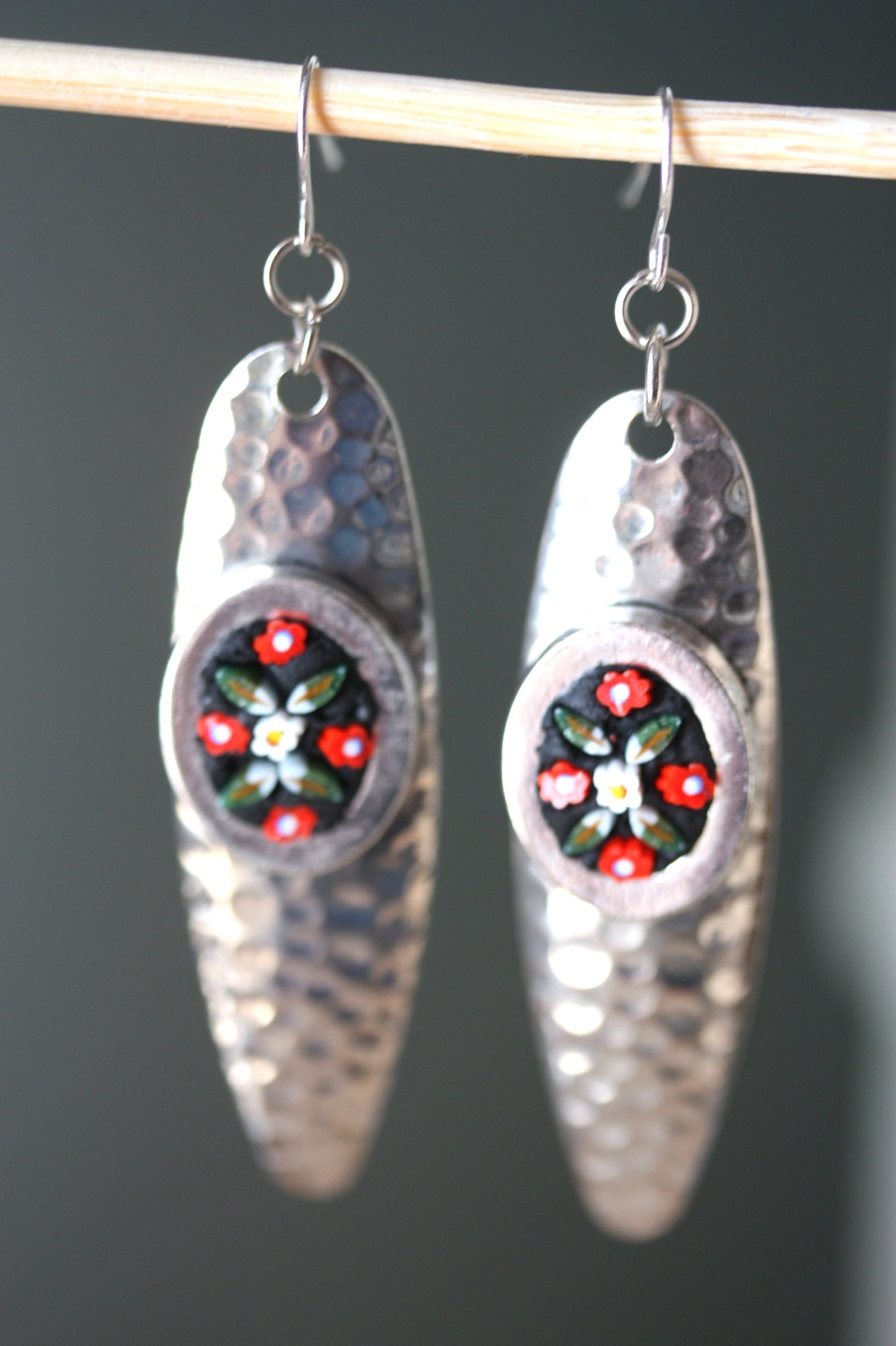 My handmade inlaid micro-mosaic on upcycled vintage hammered metal earrings - with sterling silver ear wires