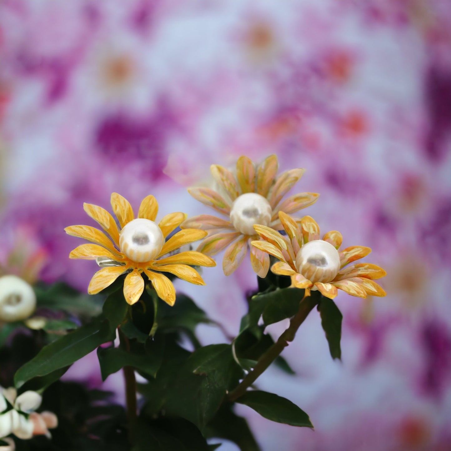 Handpainted vintage metal enamel daisy 3" flower hair clips with large faux pearl centers - or pin