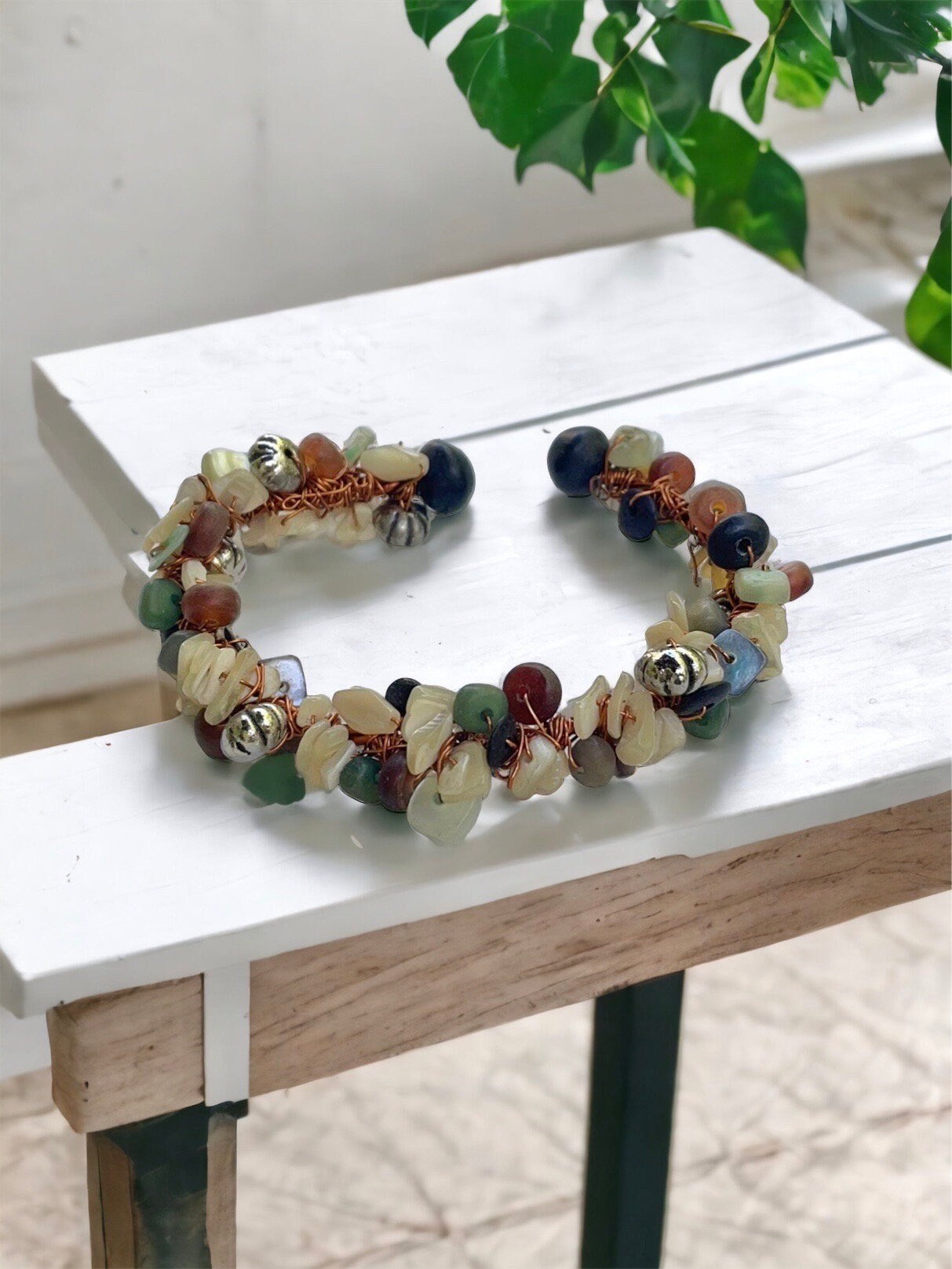 Mixed material shell and stone vintage wire formed cuff bracelet
