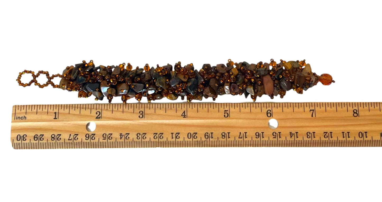 Chunky Brown Stone & Amber Colored Beaded Bracelet, Artisan Gemstone Cuff, Earth Tone Statement Jewelry, Wide Boho Beadwork Bracelet