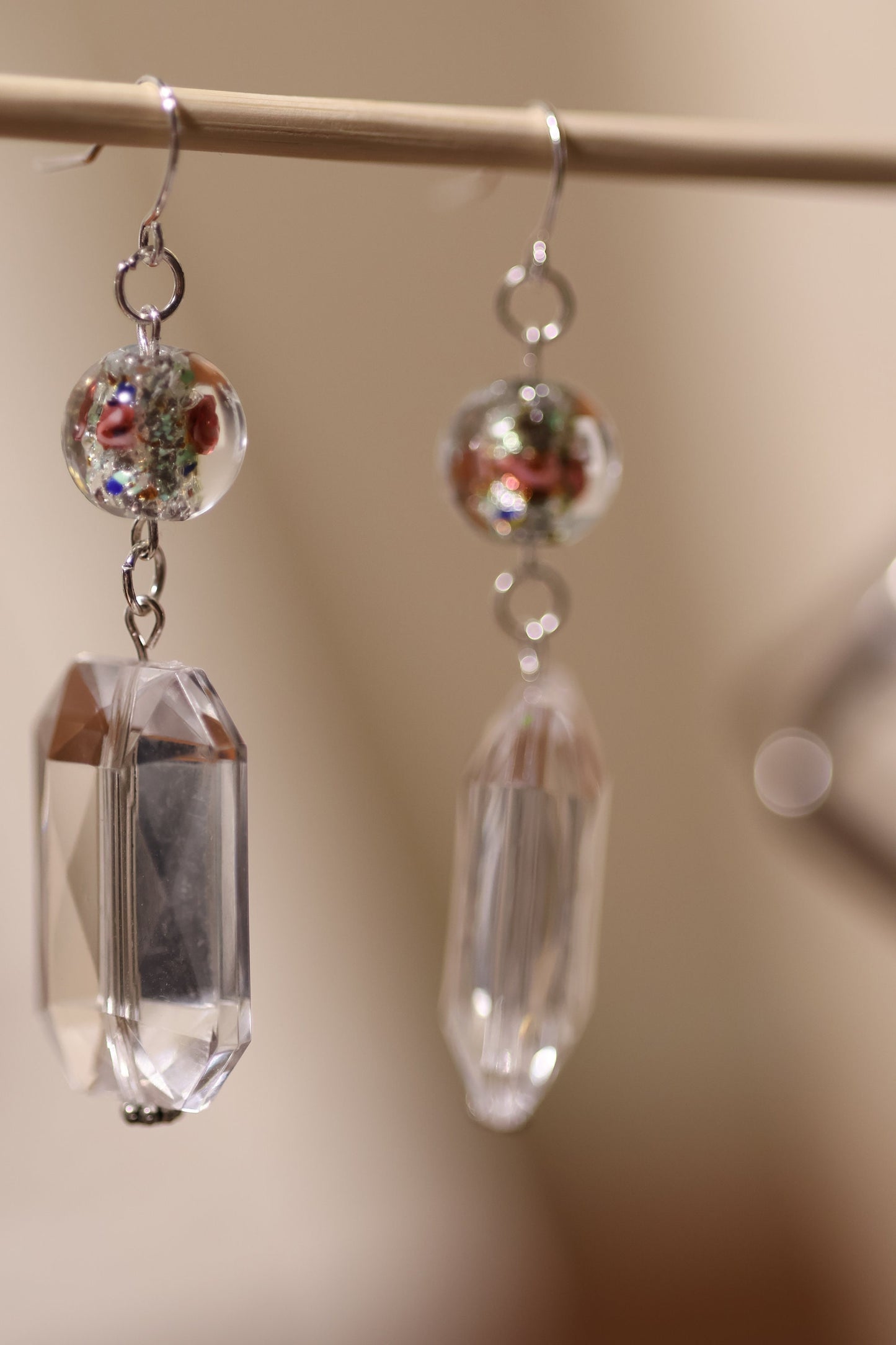 Clear bevel cut acrylic 2" rectangular shaped dangle earrings with Czech foiled lampwork glass floating rose beads