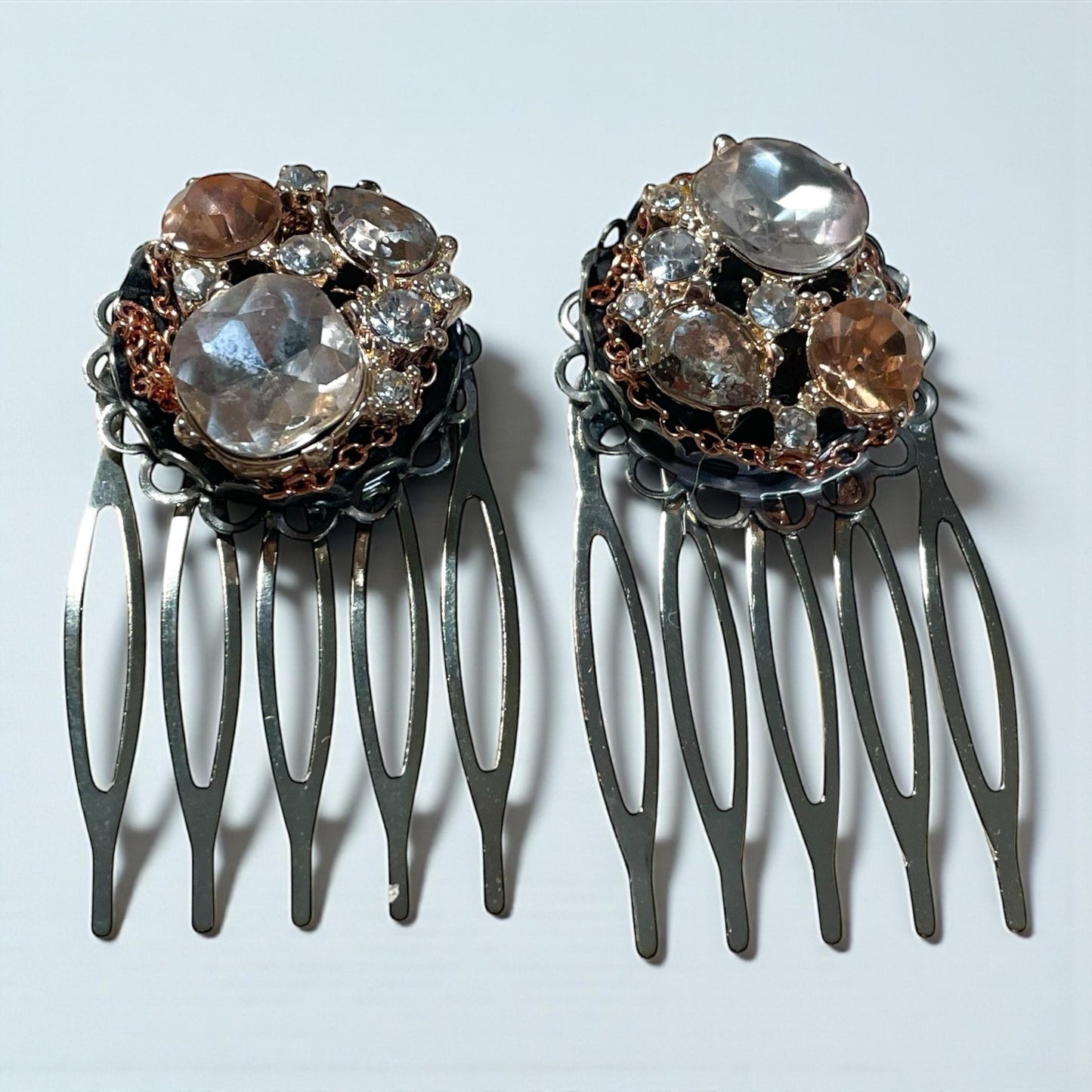 Handmade Jeweled Hair Combs – Vintage-Inspired Champagne and clear rhinestone Hair Accessories, Bridal or Evening Hairpiece (Set of 2)