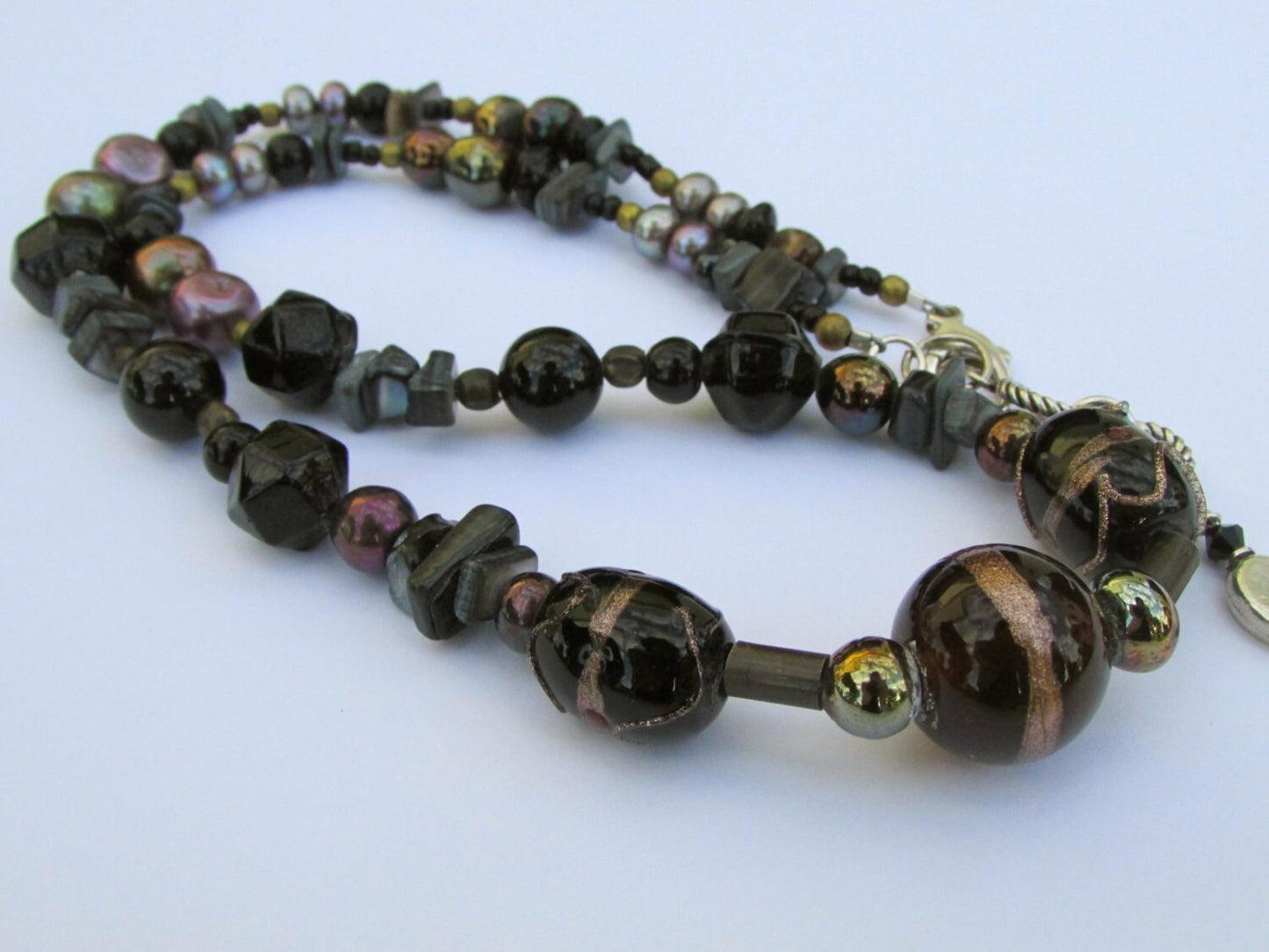 Purple pearls, bronze pearls, Black and gold art glass & semi-precious stone chips - vintage artisan necklace