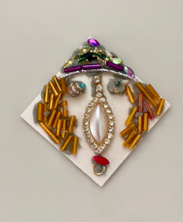 Meet "Rosemary" - Assemblage art / mixed media collage, mosaic - magnet, pin, necklace pendant or Christmas ornament