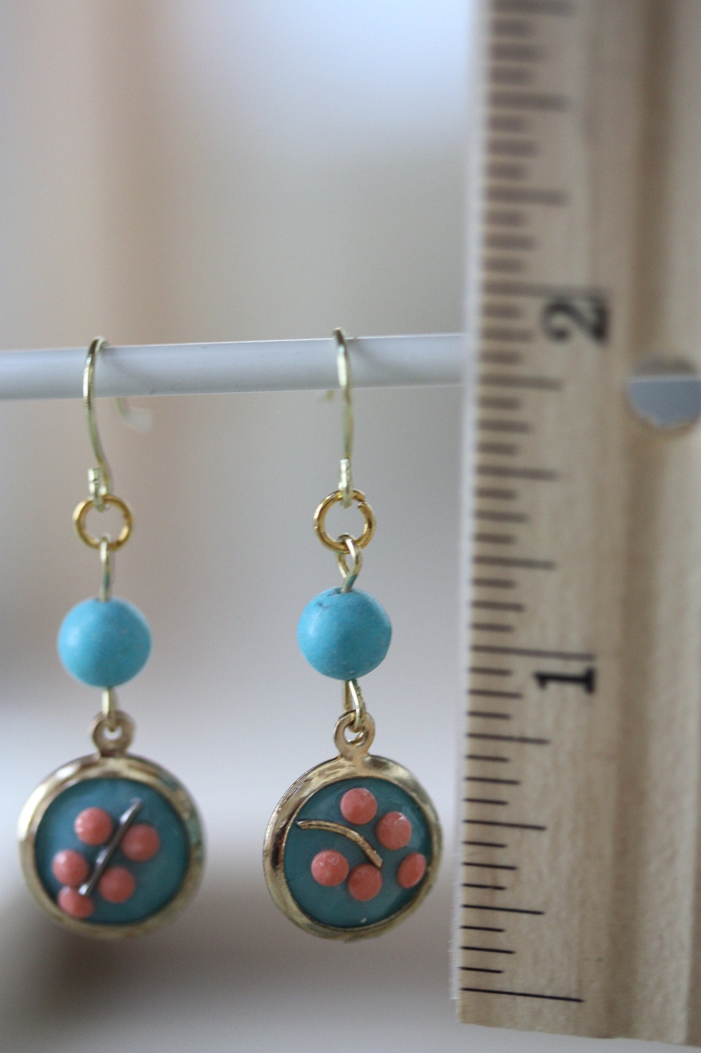 Sweet handmade peach dotted blue floral dangle earrings