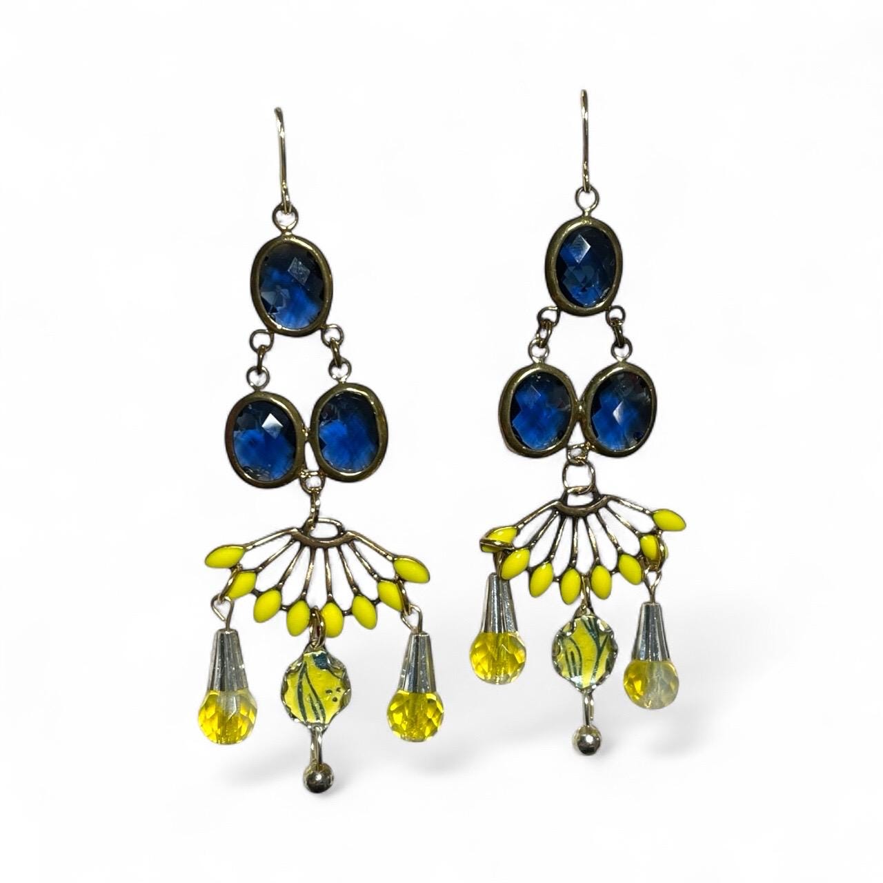 Chandelier Collage earrings -  blue faceted crystals with yellow enamel and glass trim