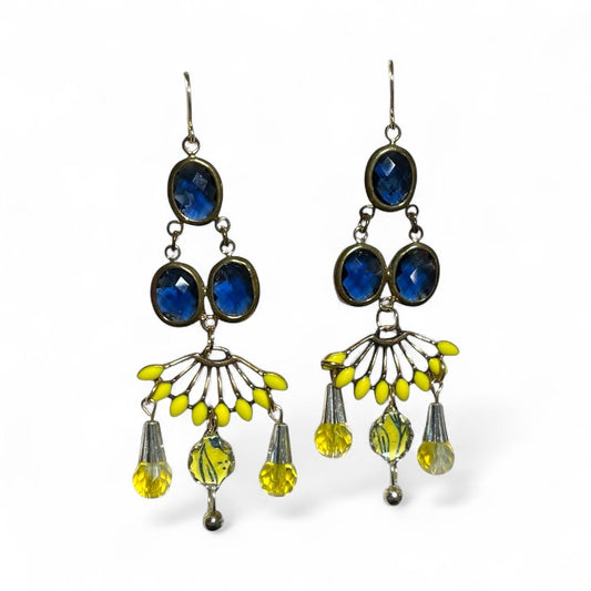 Chandelier Collage earrings -  blue faceted crystals with yellow enamel and glass trim