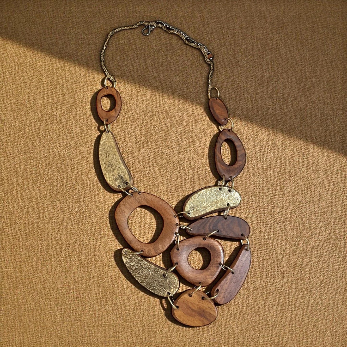 Vintage Wood Statement Necklace | Large Mixed Wood and Brass Tone Links | Boho Artisan Style Necklace | Chunky Wood Jewelry