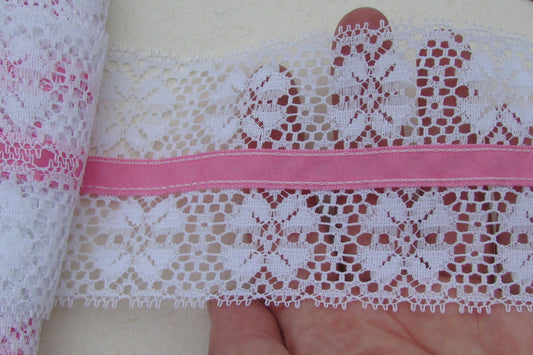 Wide vintage white lace with pink ribbon in the center - by the yard