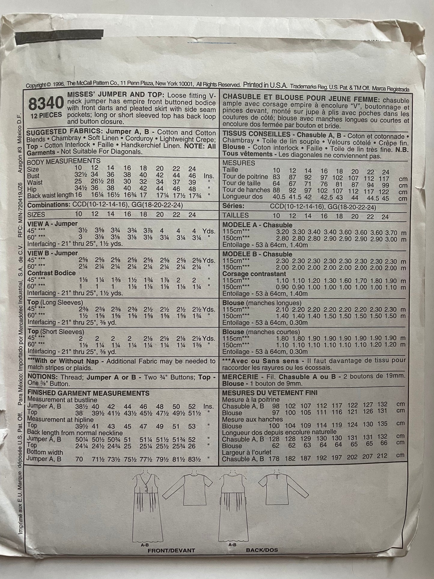 UNCUT Sewing Pattern from 1996 - McCalls 8340 Easy Stitch & Sew Jumper / Top - Size CCD 10-12-14-16, Vintage sewing pattern