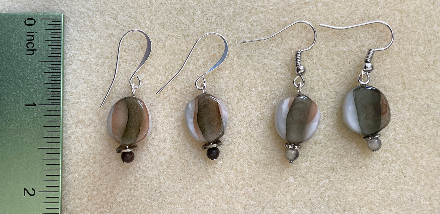 Mixed material dangle earrings - swirled glass, metal, stone, wood - option of sterling silver ear wires