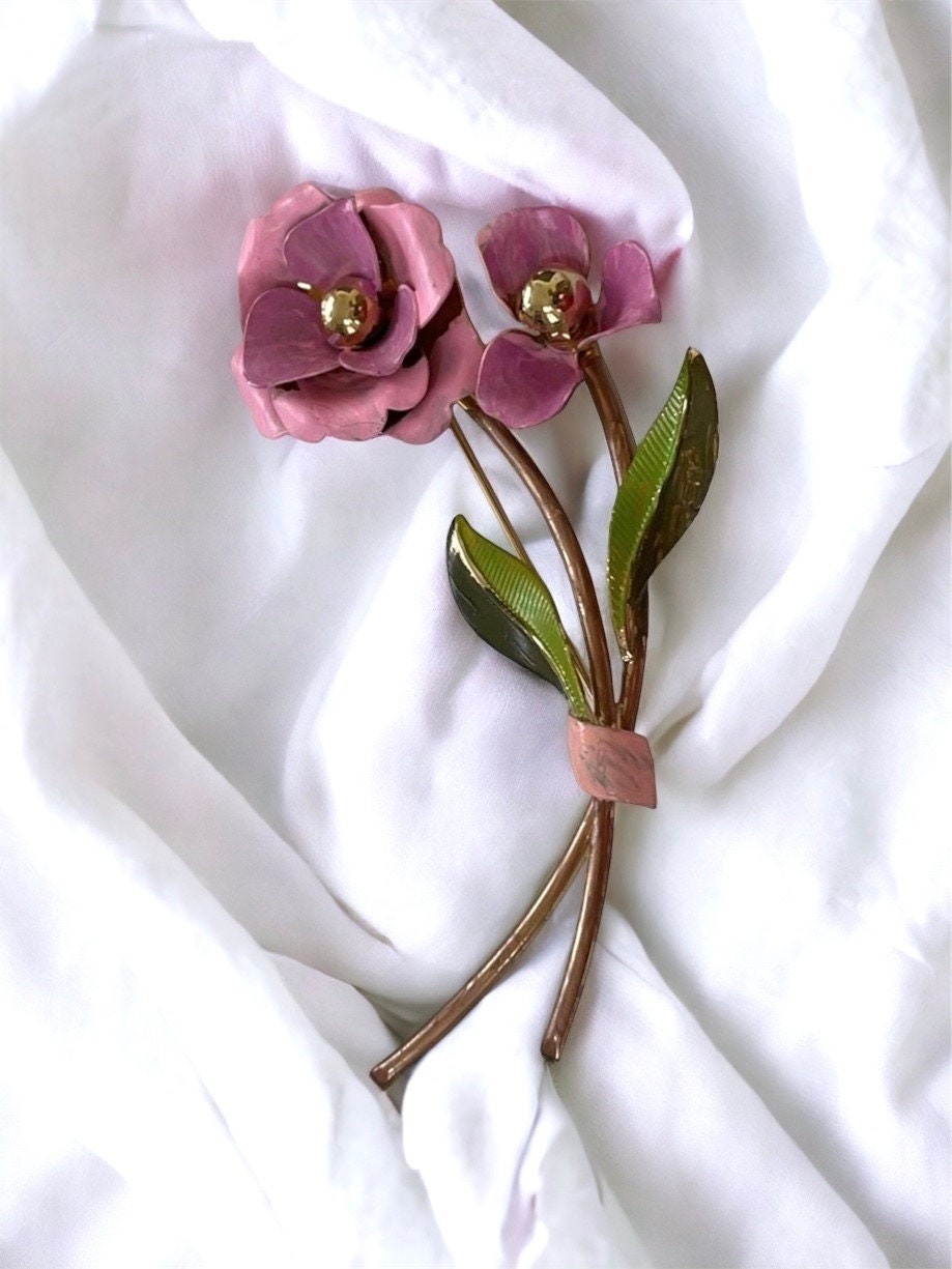 Huge 4" hand painted vintage pink flower pin