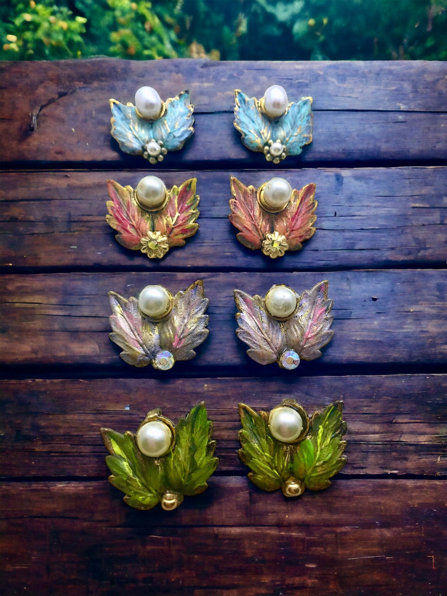 Revised, Modernized, upcycled repurposed - hand painted vintage earrings, trimmed with pearls, faux pearls, Swarovski cyrstals, rhinestones