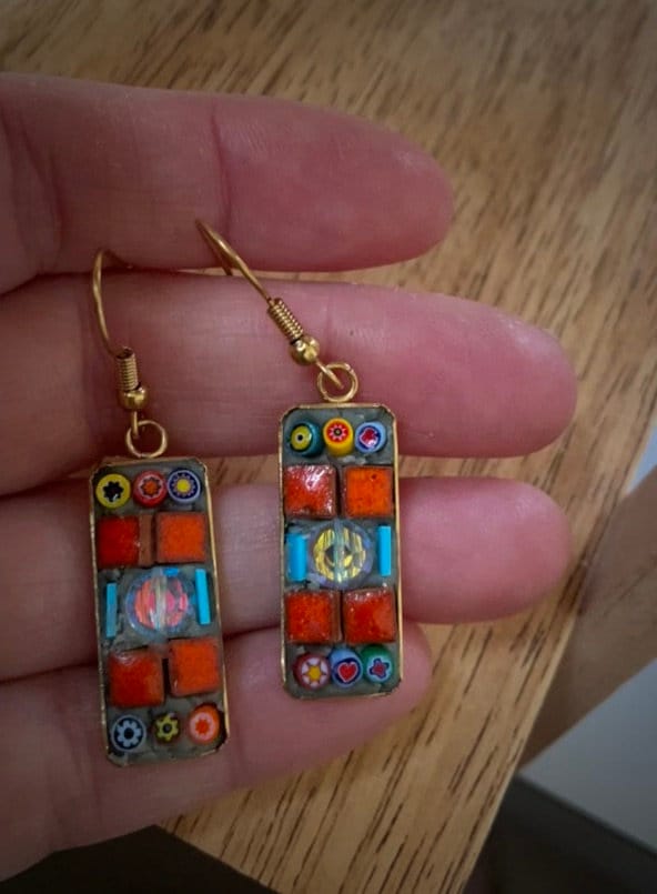 Small handmade micro mosaic glass and tile earrings with vintage crystal center and hand cut blue glass details
