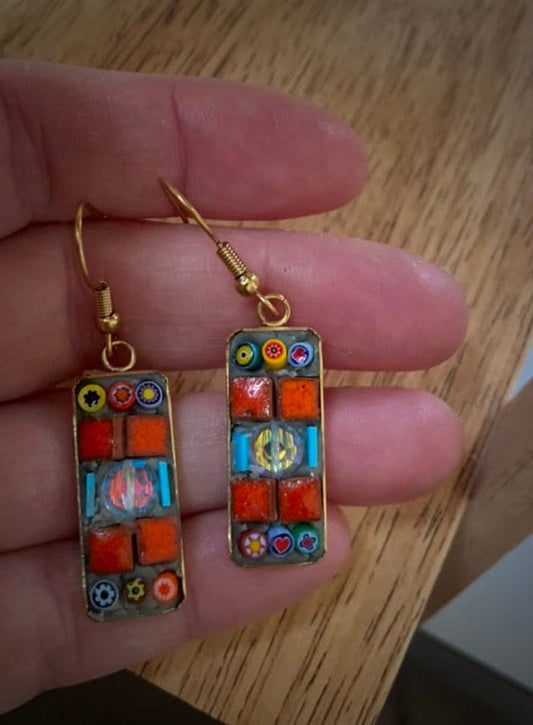 Small handmade micro mosaic glass and tile earrings with vintage crystal center and hand cut blue glass details