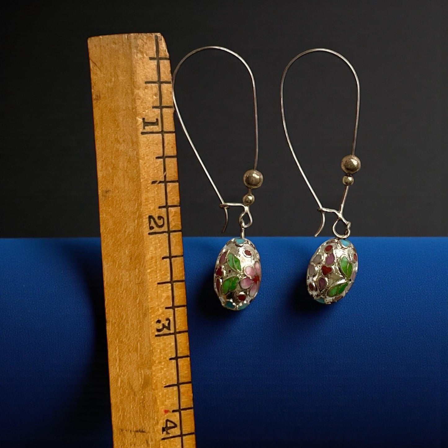 Vintage Cloisonné Floral Dangle Earrings, Enamel Oval Drop Jewelry