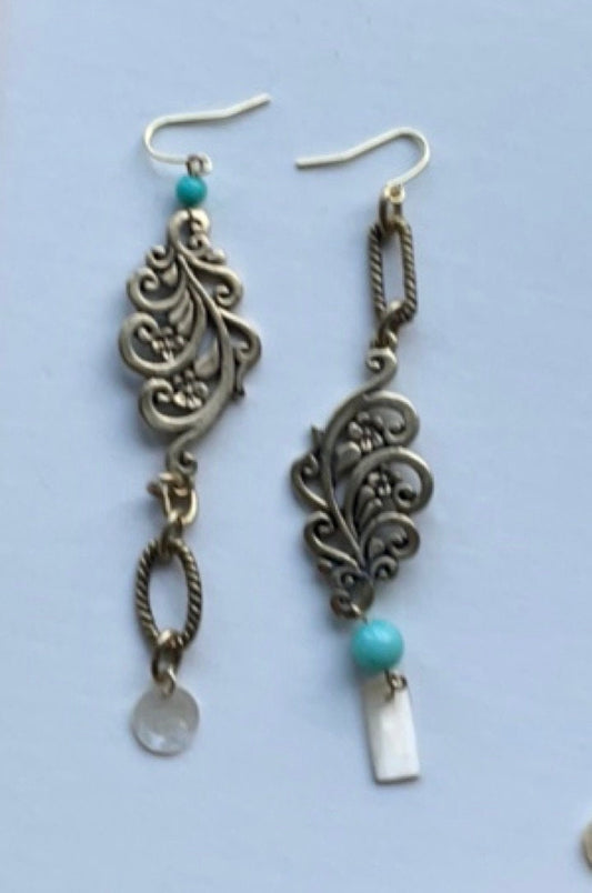 One-of-a-kind handmade mismatched mixed material long dangle earrings - turquoise colored vintage and new materials, mother of pearl dangles