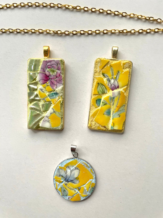 One-of-a-kind mosaic necklaces made from broken vintage dishes