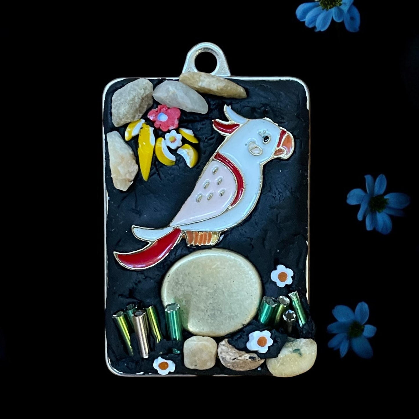 Italian Mosaic Necklace, Enamel Parrot, Millefiori Glass (Handmade Pendant)