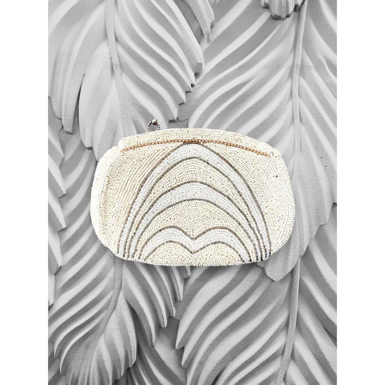 Vintage Beaded Clutch – Antique Ivory Seed Bead Purse With Zipper Closure