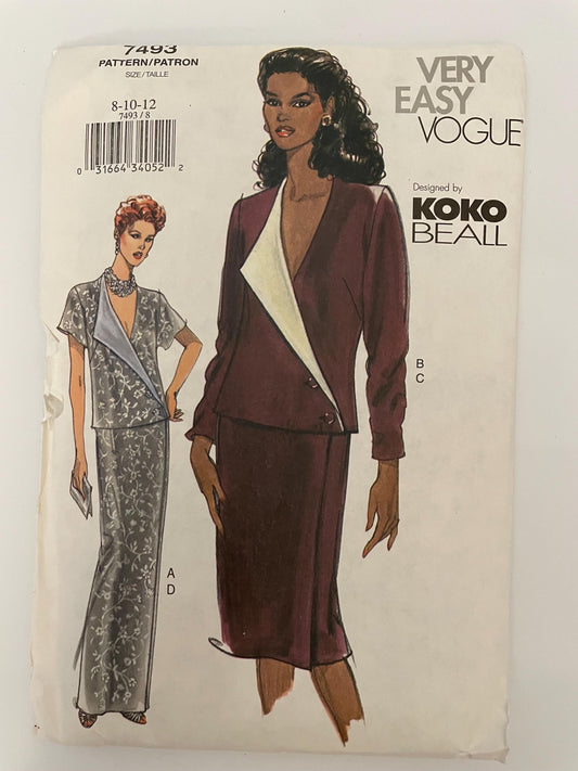 RARE UNCUT Sewing Pattern - Very Easy Vogue Koko Beall - Womens Suit - Top and Semi Fitted Skirt - Sizes 8, 10, 12