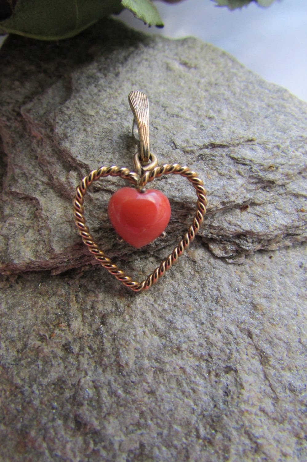 Small vintage heart shaped necklace pendant with orange stone