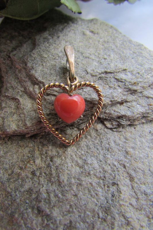 Small vintage heart shaped necklace pendant with orange stone