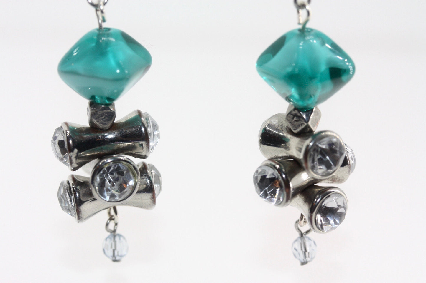Handmade dangle earrings - sterling silver ear wires, turquoise glass, rhinestone vintage beads, crystal drops, hammered silvertone bars