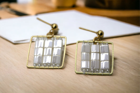 Opalescent ivory colored tila earrings - small handmade beadwork square dangle earrings