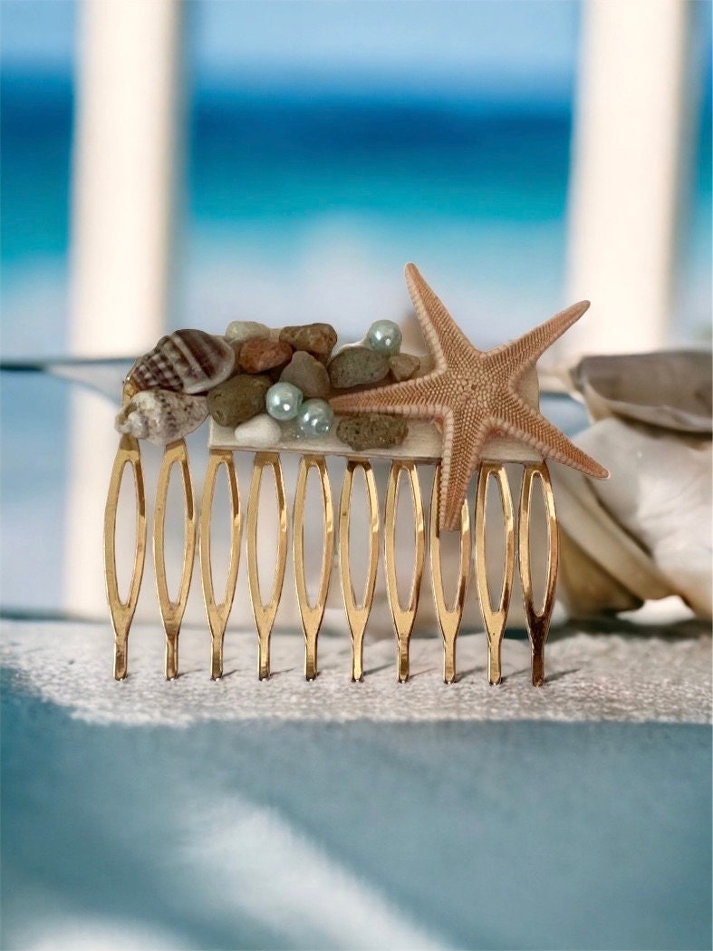 Stunning beach themed hair comb - starfish, stones, shells, faux pearls on goldtone metal