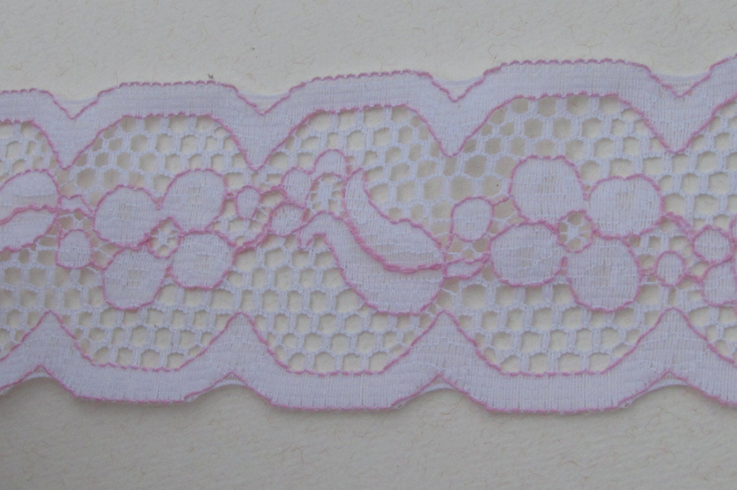 Wide (2 and one-quarter inches wide) vintage floral pink and white lace - by the yard