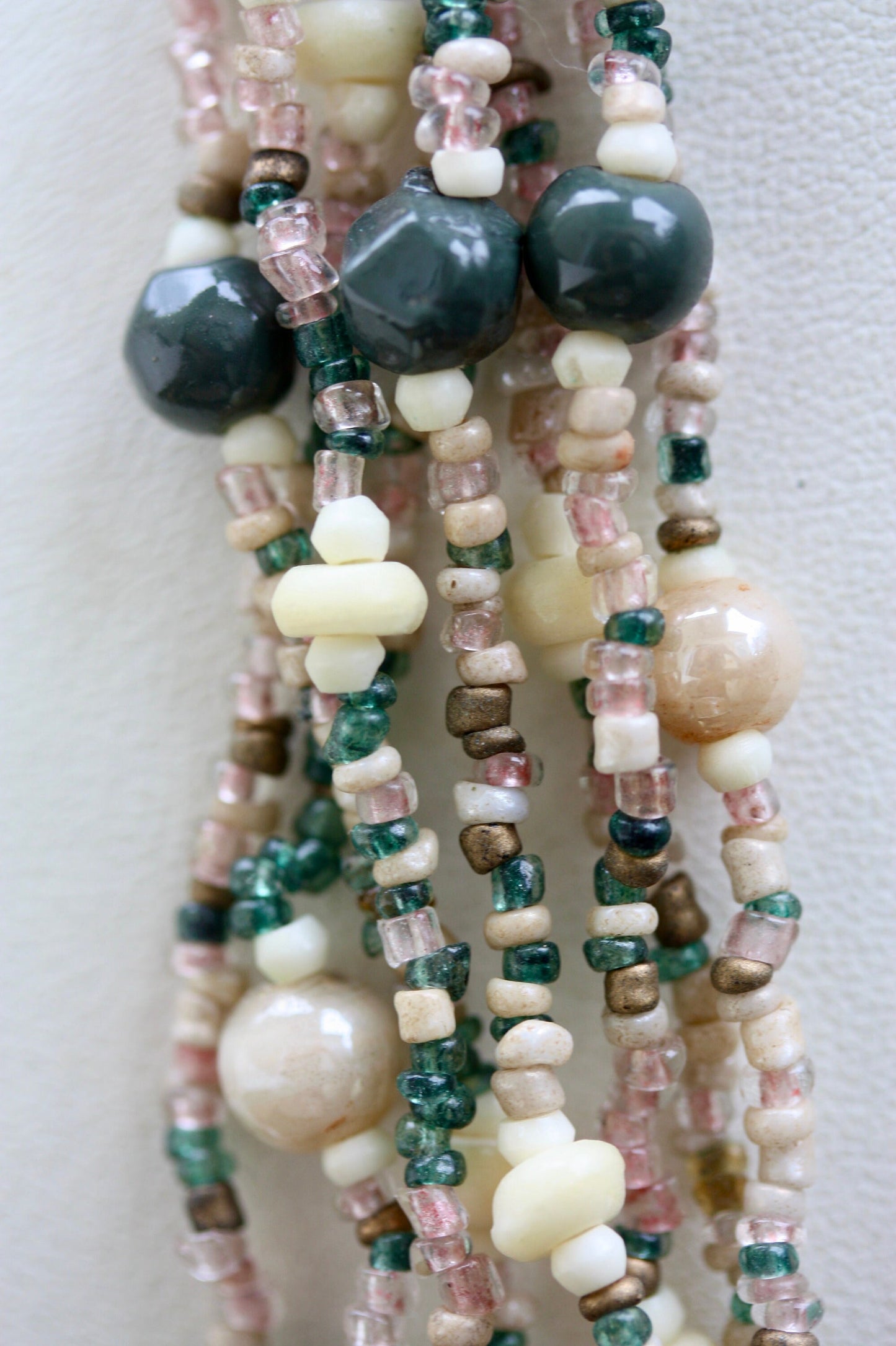 Stunning mixed material -  shades of pink, green and cream multi strand vintage necklace with adjustable hoops