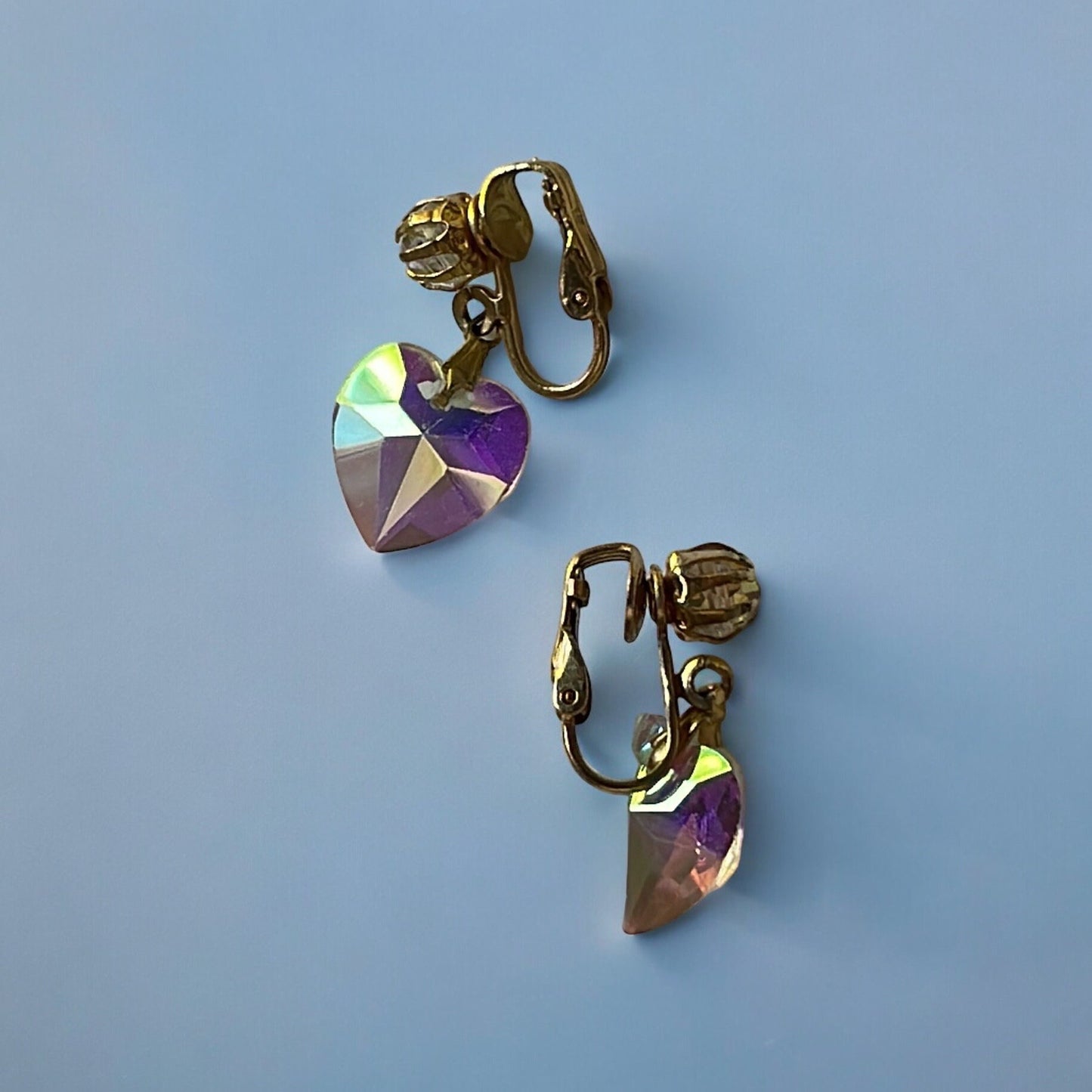 Vintage crystal heart clip on dangle earrings