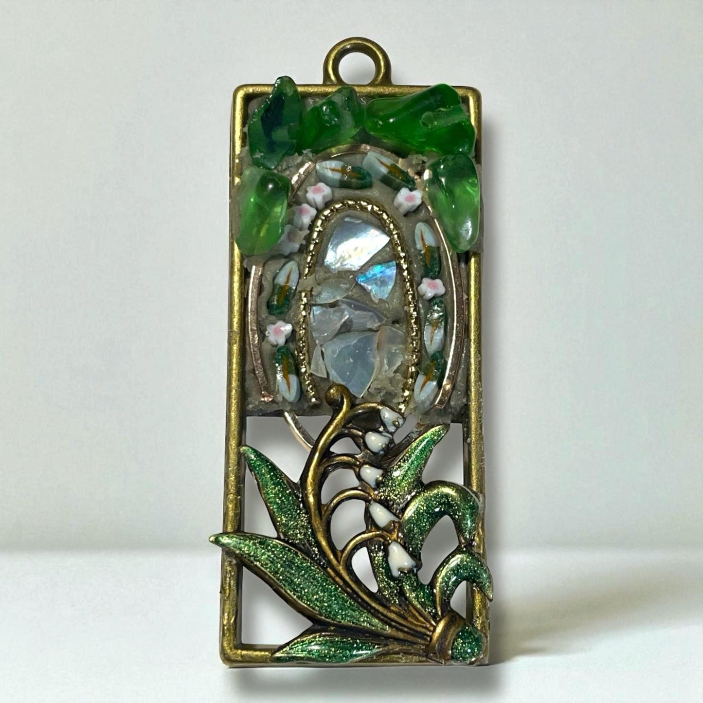 Handmade mosaic necklace -Enameled Lily of the Valley, hand cut glass murrini, glass chips & inlaid mother of pearl, matching chain included
