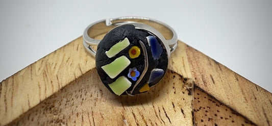 Handmade micro mosaic adjustable ring - Italian inspired - hand cut tile with millefiori flowers