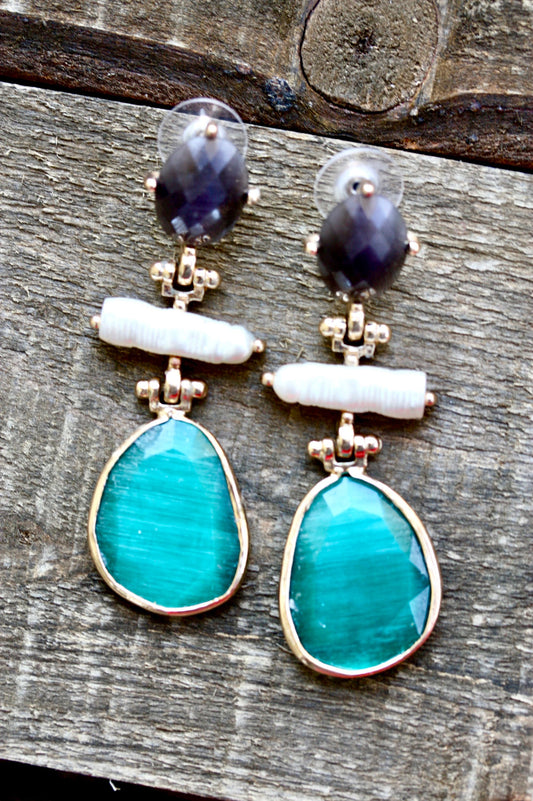 Stunning and unique glass and pearl unsigned vintage earrings - purple amethyst?, turquoise and pearly white