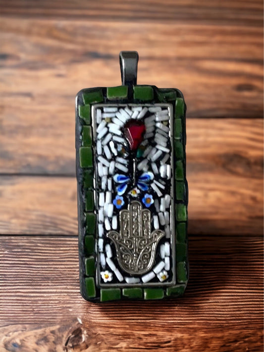 Hamsa - one-of-a-kind micro mosaic necklace with mixed material including metal, hand cut tile, glass, millefiori and rhinestone