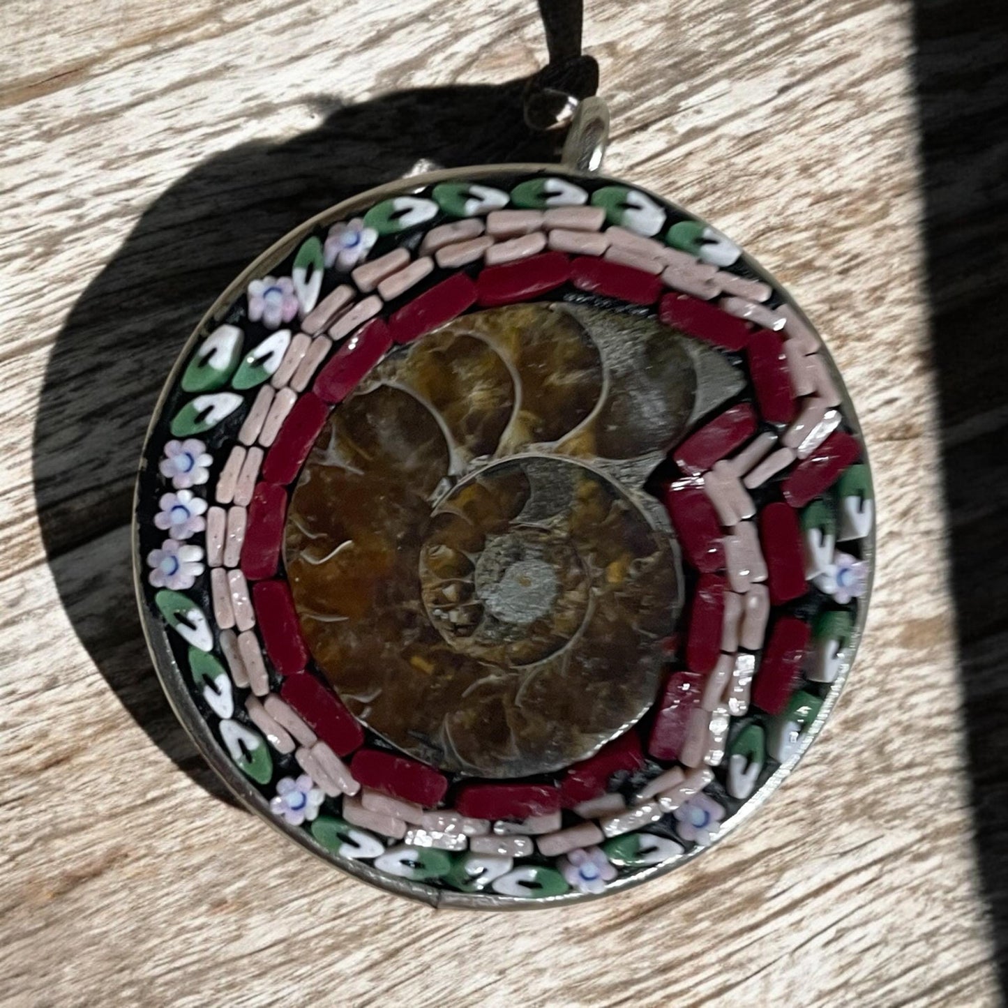 Handmade Ammonite Micro Mosaic Necklace – Unique Fossil Jewelry with Hand-Cut Italian Murrini – Stunning Statement Pendant Gift for Her