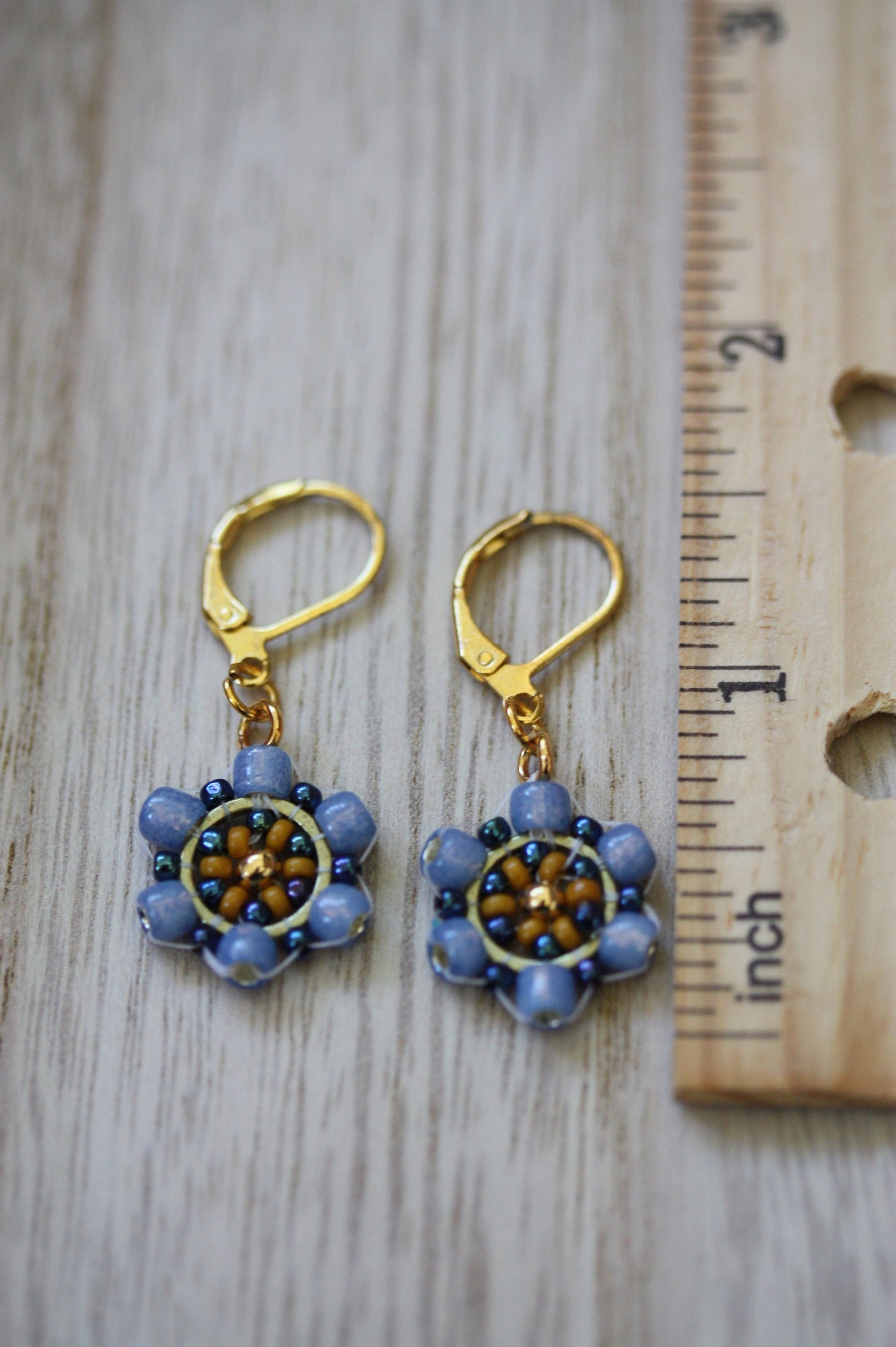 Tiny little dangles hand beaded seed bead  earrings - shades of blue and gold with goldtone center