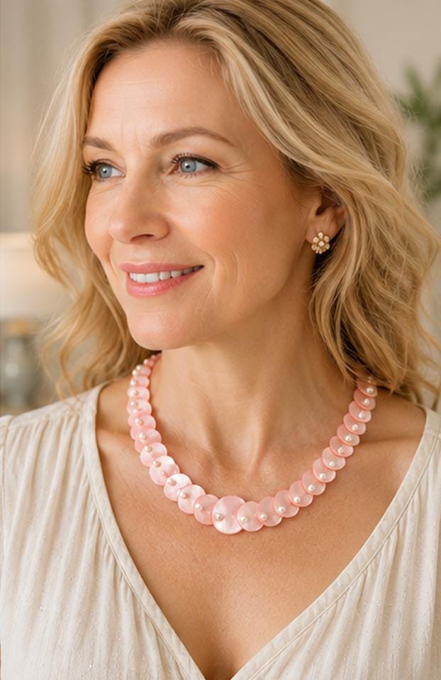 Vintage Pink Mother of Pearl Disc Necklace 20" | Shell Coin Statement Necklace with Faux Pearls | Coastal Cottage Jewelry