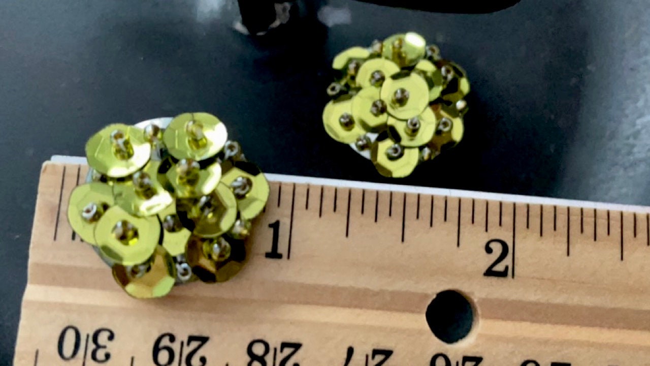 Gold sequin and beadwork stud earrings - for pierced ears OR clip on earrings - your preference