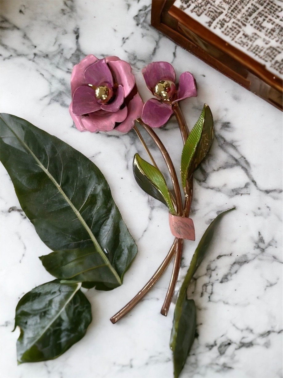 Huge 4" hand painted vintage pink flower pin